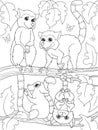 Childrens coloring book cartoon family of lemurs on nature.