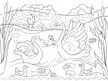 Childrens coloring book cartoon family of Swan on nature.