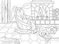 Childrens coloring book cartoon. The interior of the house, the fairy dwarf sleeps near the fireplace.