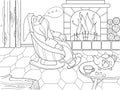 Childrens coloring book cartoon. The interior of the house, the fairy dwarf sleeps near the fireplace.