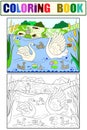 Childrens coloring book and color cartoon family of Swan on nature.