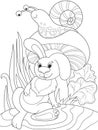 Childrens coloring cartoon animal friends in nature. Rabbit under a mushroom and snail