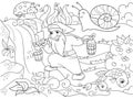 Childrens coloring. Forest, a magic dwarf is picking up water in a creek