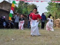 Childrens competiting in sack race. Celebration to welcome Independence day of Indonesia