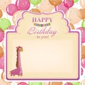 Childrens congratulatory background with a pink giraffe.