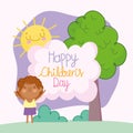 Childrens day, cartoon boy in the park and lettering in cloud