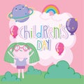 Childrens day, cartoon cute girl with green hair balloons rainbow planet decoration Royalty Free Stock Photo