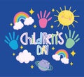 Childrens day, colored hand written lettering handprints rainbow clouds sun cartoon Royalty Free Stock Photo