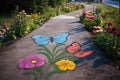 Childrens Drawing On The Asphalt With The Garden With Flowers And Butterflies. Generative AI