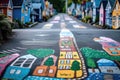 Childrens Drawing On The Asphalt With The Town With Roads, Buildings, And Trees. Generative AI