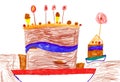 Childrens drawing. Big cartoon birthday cake Royalty Free Stock Photo