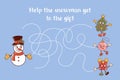 Childrens educational Christmas game. Help Snowman find a gift. Christmas tree dancing, ball is skating. Cute old retro