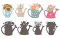 Childrens educational fun. Find right black silhouette for watering cans with bouquets of flowers. Vector template for summer