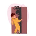 Childrens Fear Of Monster Hiding In Closet. Concept Childhood Fears, Horror, Or Anxiety Theme with Little Boy Character