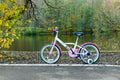 Childrens girls bicycle stands on path near pond at park under trees on autumn natural background