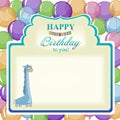 Childrens greeting background with blue giraffe.