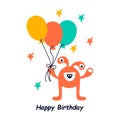 Childrens greeting card or party invitation template. Cute cartoon monster with balloons. Vector illustration