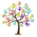 Childrens hand prints united in tree