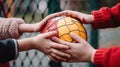 childrens hands on ball, play ball game with friends generative ai