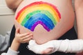 Childrens hands on the pregnant belly their mother. Happy family expecting baby birth. Belly painting Royalty Free Stock Photo