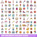 100 childrens holiday icons set, cartoon style