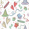 Childrens holiday seamless pattern vector. Cute background with sweets, hearts, ribbons, gifts and confetti. Template