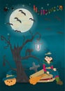 Childrens 15 illustration of all saints eve holiday, Halloween, night dark blue background with moon and scary tree Royalty Free Stock Photo