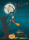 Childrens 16 illustration of all saints eve holiday, Halloween, night dark blue background with moon and scary tree Royalty Free Stock Photo