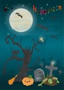 Childrens_13_illustration of all saints eve holiday, Halloween, night dark blue background with moon and scary tree Royalty Free Stock Photo