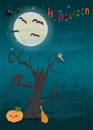 Childrens_11_illustration of all saints eve holiday, Halloween, night dark blue background with moon and scary tree Royalty Free Stock Photo