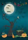 Childrens_12_illustration of all saints eve holiday, Halloween, night dark blue background with moon and scary tree Royalty Free Stock Photo