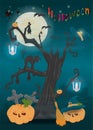 Childrens 19 illustration of all saints eve holiday, Halloween, night dark blue background with moon and scary tree Royalty Free Stock Photo