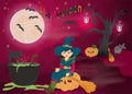 Childrens_3_illustration of all saints eve holiday, Halloween, night dark purple background with moon and scary tree Royalty Free Stock Photo