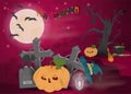 Childrens_8_illustration of all saints eve holiday, Halloween, night dark purple background with moon and scary tree Royalty Free Stock Photo