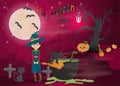 Childrens_4_illustration of all saints eve holiday, Halloween, night dark purple background with moon and scary tree Royalty Free Stock Photo