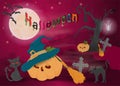 Childrens_7_illustration of all saints eve holiday, Halloween, night dark purple background with moon and scary tree Royalty Free Stock Photo