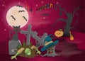 Childrens_9_illustration of all saints eve holiday, Halloween, night dark purple background with moon and scary tree Royalty Free Stock Photo