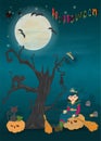 Childrens 14 illustration of all saints eve holiday, Halloween, night dark blue background with moon and scary tree Royalty Free Stock Photo