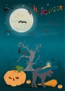 Childrens 18 illustration of all saints eve holiday, Halloween, night dark blue background with moon and scary tree Royalty Free Stock Photo