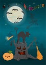 Childrens 20 illustration of all saints eve holiday, Halloween, night dark blue background with moon and scary tree Royalty Free Stock Photo