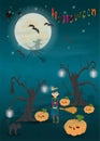 Childrens 17 illustration of all saints eve holiday, Halloween, night dark blue background with moon and scary tree Royalty Free Stock Photo