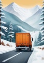 Childrens Illustration Of Back View Of Single Truck On Road To Mountain, Winter. Generative AI