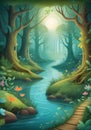 Childrens Illustration Of Enchanted Forest Scene With Mystical River And Lush Flora. Fantasy And Imagination. Generative AI