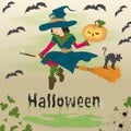 Childrens illustration in flat style, on the theme of all saints eve, Halloween, little witch flying on a broom and holding a Royalty Free Stock Photo