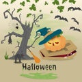 Childrens illustration in flat style, on the theme of all saints eve, Halloween, scary tree, pumpkin in a witch hat lying on the