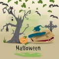 Childrens illustration in flat style, on the theme of all saints eve, Halloween, scary tree, witch hat lying on the coffin