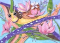 Childrens illustration hand drawing yellow snail on a tree with pink flowers blooming magnolia fabulous cute large format
