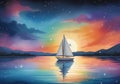 Childrens Illustration Of A Painting Of A Sailboat Floating On A Body Of Water In Front Of A Colorful Sky Filled Wi. Generative AI