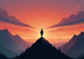 Childrens Illustration Of A Person Standing On Top Of A Mountain At Sunset. Generative Image. Generative AI