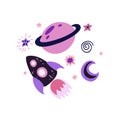 Childrens illustration of a spaceship with a crescent moon, Saturn and stars. Space adventure. Galaxy exploration